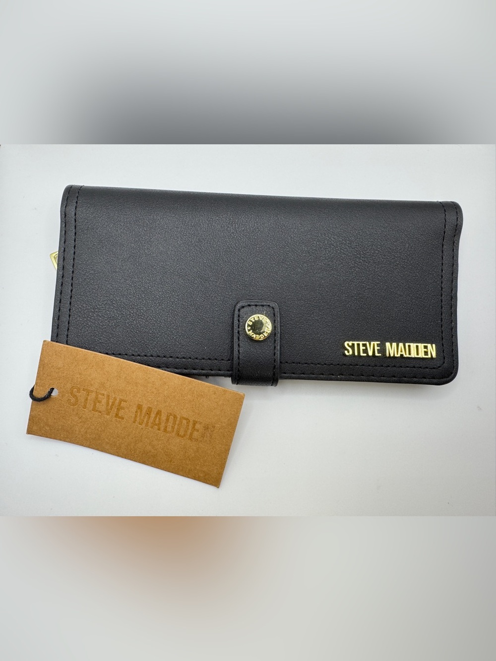 NWT Steve Madden Black Faux Leather Trifold Wallet Gold Hardware